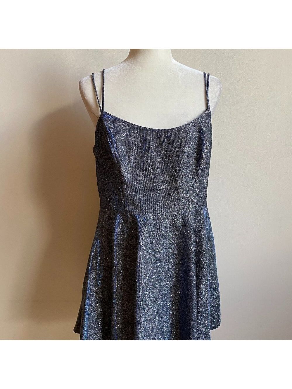 Xscape BNWOT vneck silver blue glitter mini dress sz 14 fit flare tulle